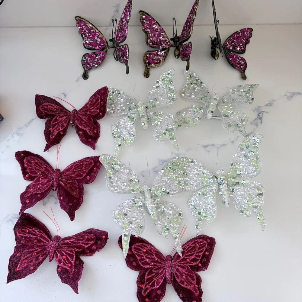 11pc Decorative Butterfly Clip Lot Sequin Velvet Rhinestone Floral Craft Decor